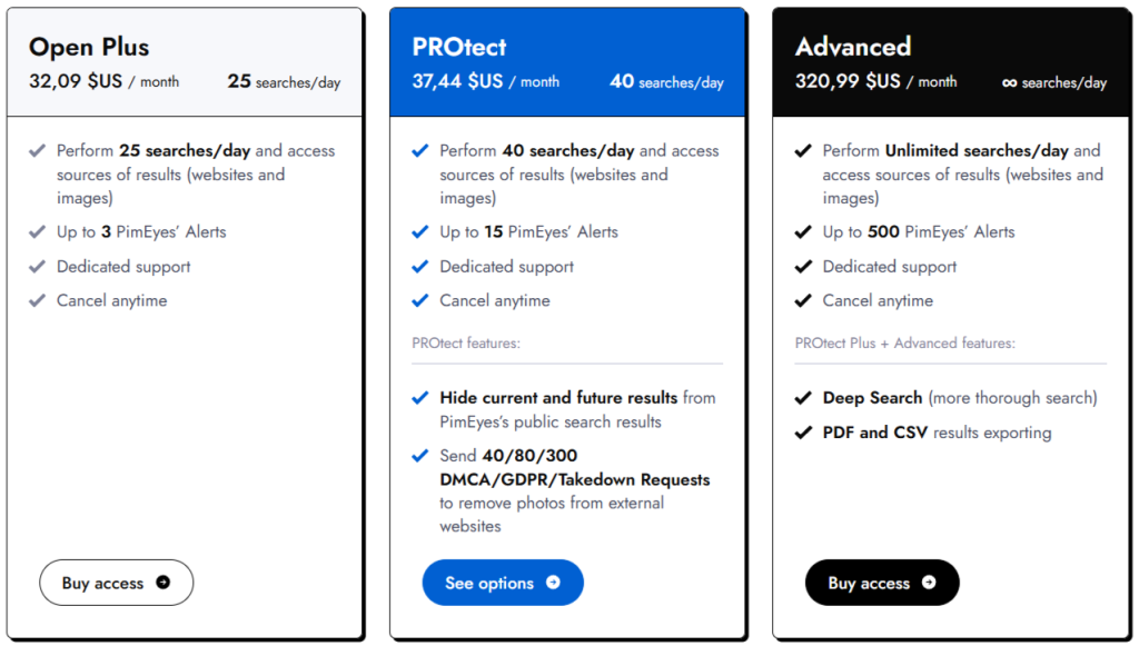 Quels sont les tarifs et formules proposés par PimEyes