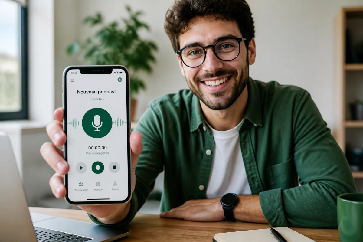 Une personne souriante utilisant son smartphone pour apprendre comment ajouter un podcast sur Spotify dans un bureau moderne.