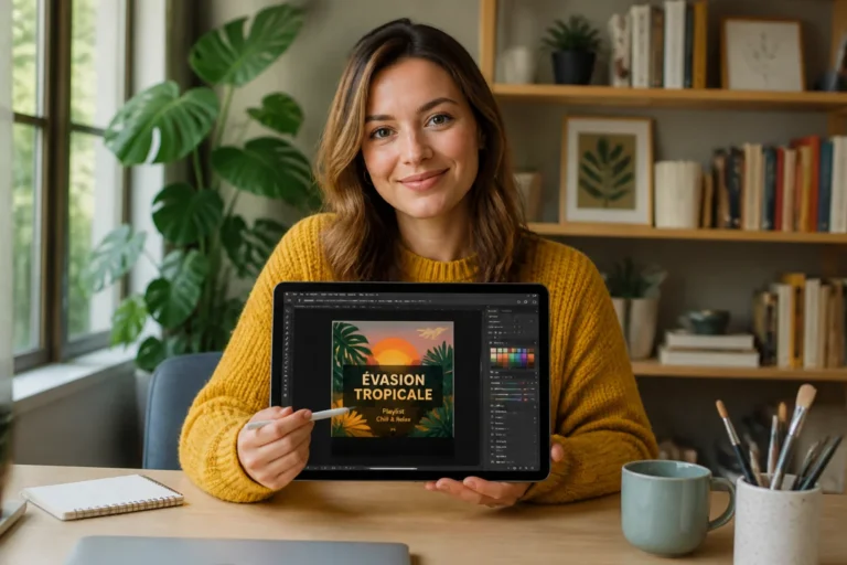 Créatrice de contenu souriante concevant la pochette d'un podcast sur tablette pour apprendre comment ajouter un podcast sur Spotify.
