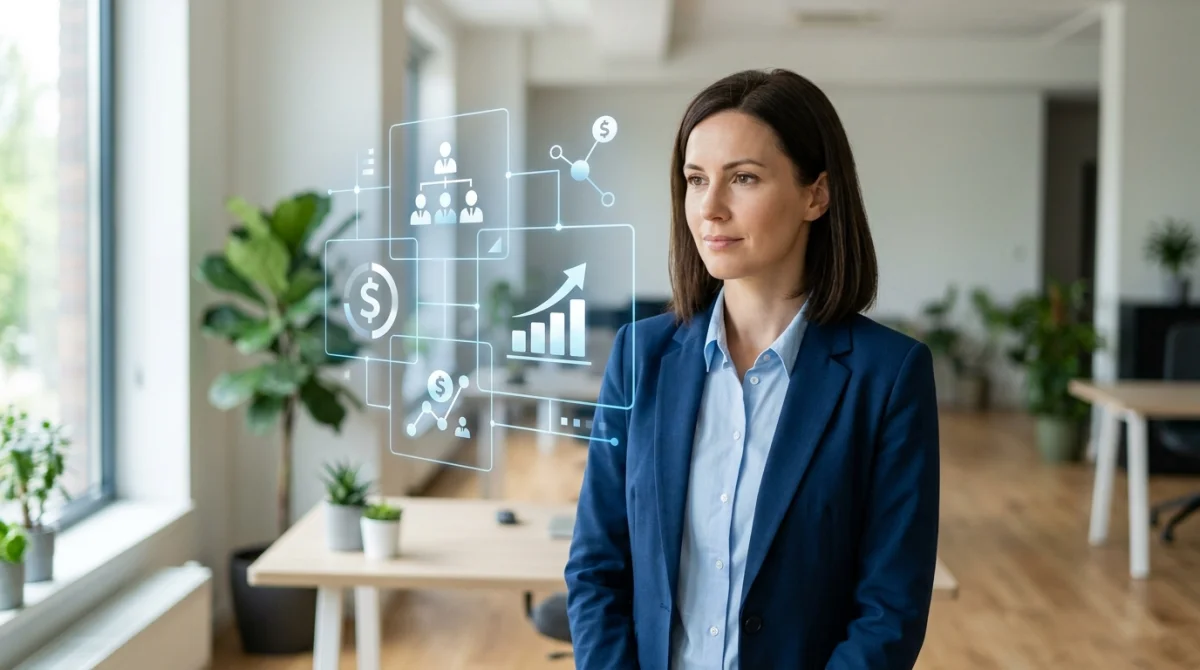 Professionnel observant une infographie flottante illustrant la caractérisation d'entreprise dans un bureau moderne et lumineux.