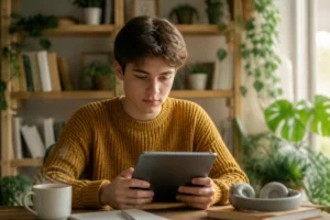 Jeune étudiant concentré consultant une tablette numérique pour apprendre comment citer un podcast dans une bibliographie.
