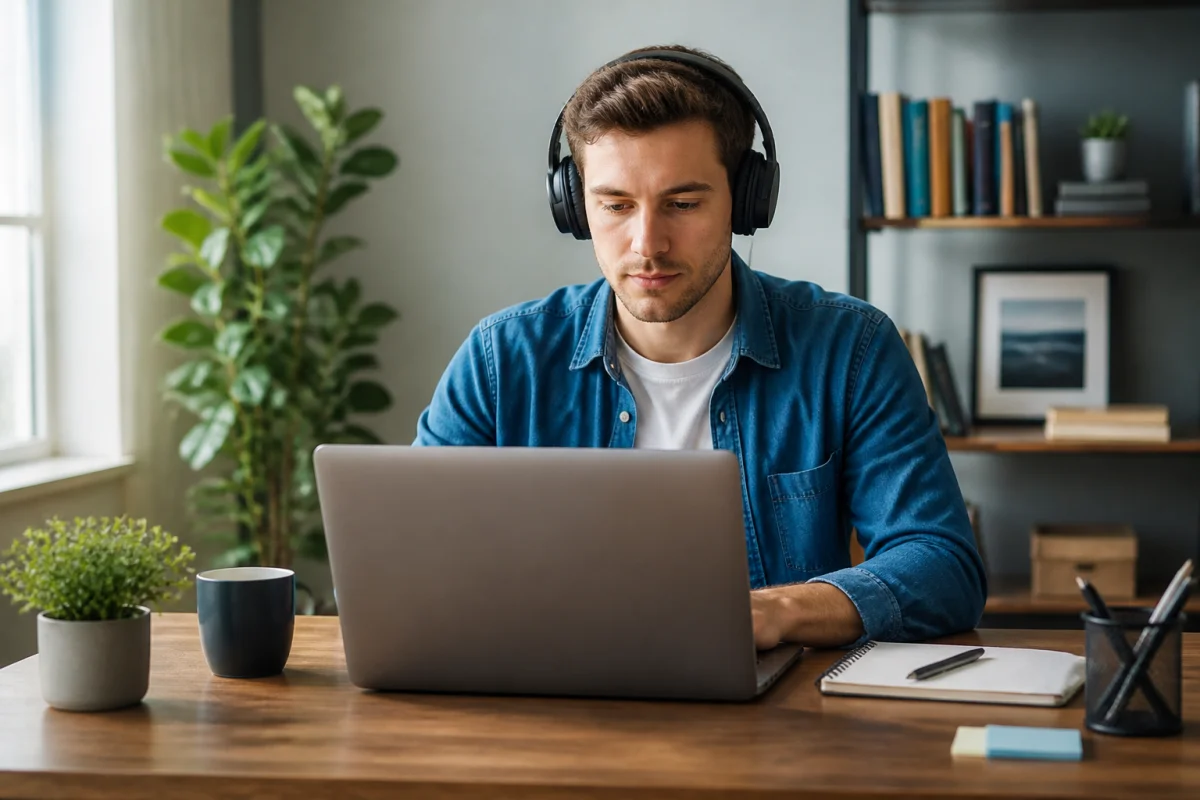 Personne concentrée avec un casque audio travaillant sur un ordinateur pour citer un podcast dans une bibliographie.