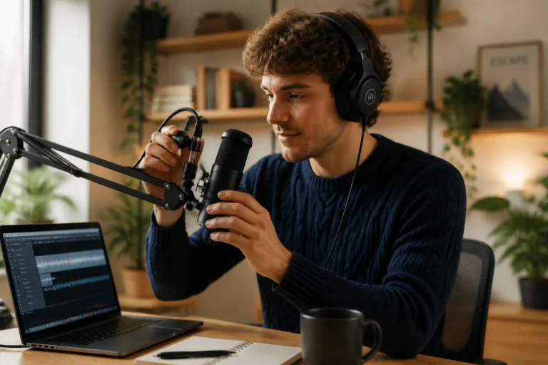 Jeune créateur utilisant un micro professionnel et un ordinateur pour apprendre comment créer un podcast sur Spotify.