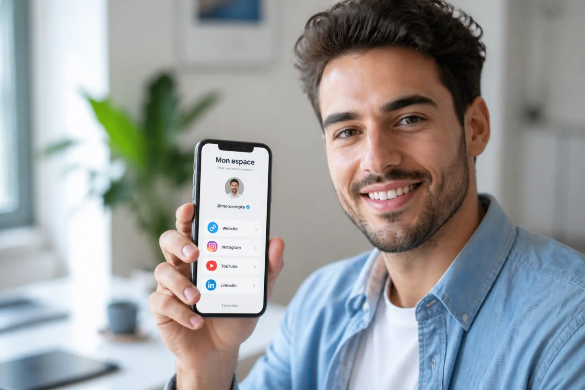 Personne souriante utilisant un smartphone pour montrer comment créer un linktree dans un bureau moderne et lumineux.