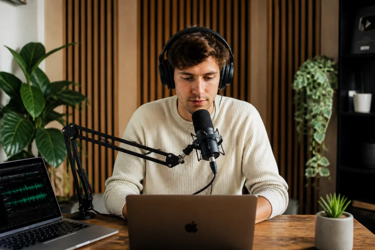 Créateur de contenu utilisant un microphone professionnel dans un studio moderne pour apprendre comment diffuser son podcast sur plateformes.
