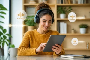 Jeune femme souriante utilisant une tablette pour apprendre comment diffuser son podcast sur différentes plateformes d'écoute.