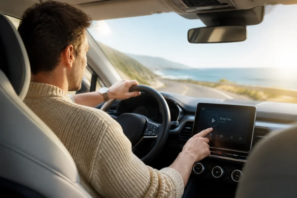 Conducteur écoutant un podcast sur l'écran tactile de sa voiture lors d'un trajet ensoleillé sur la côte.