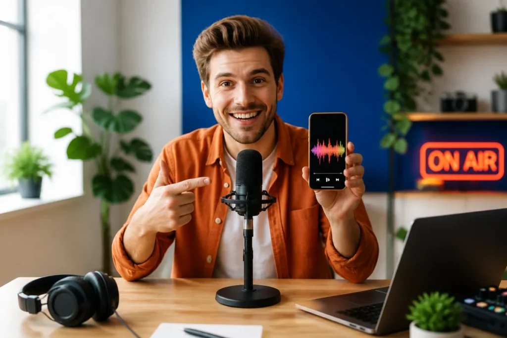 Créateur de contenu enthousiaste utilisant un smartphone et un micro professionnel pour faire connaître son podcast.