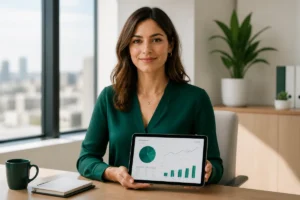 Professionnelle en vert émeraude analysant des statistiques sur tablette pour apprendre comment monétiser un podcast avec succès.