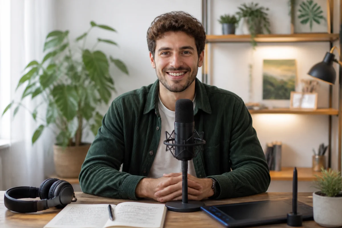 Podcasteur professionnel souriant devant son micro dans un studio moderne pour apprendre comment monétiser un podcast.