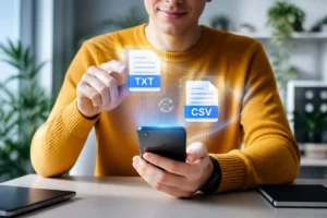 Jeune utilisateur manipulant des fichiers numériques sur smartphone pour utiliser un comparateur de liste Instagram moderne et efficace.