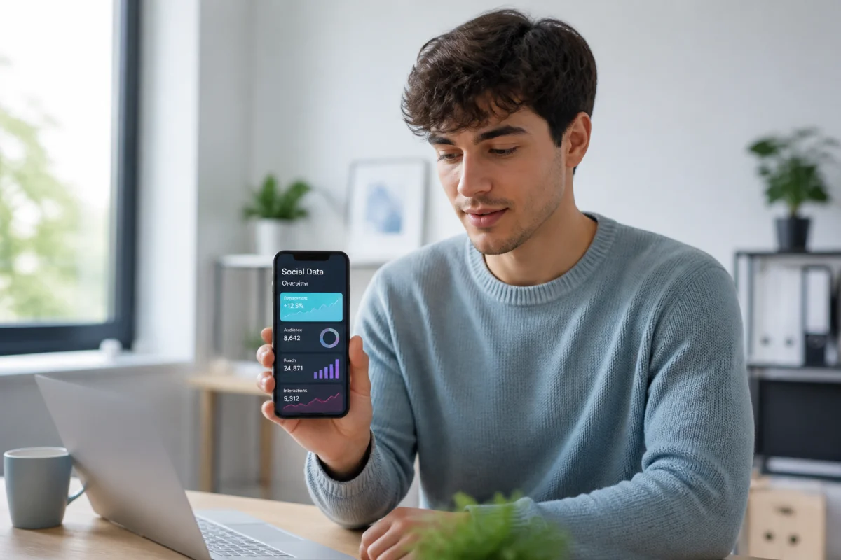 Jeune utilisateur utilisant un smartphone pour gérer ses abonnés avec notre comparateur de liste Instagram dans un bureau.