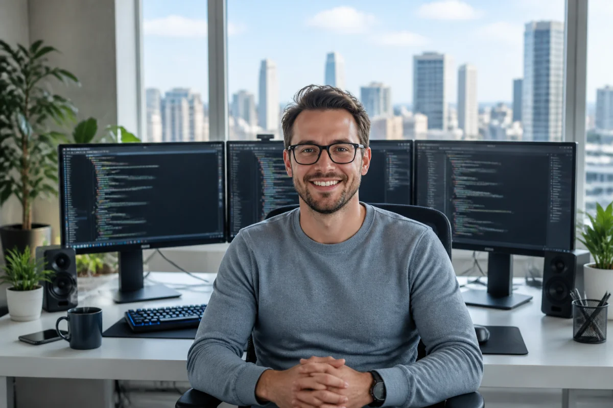 Développeur souriant travaillant sur trois écrans dans un bureau moderne, illustrant une blague sur les informaticiens.