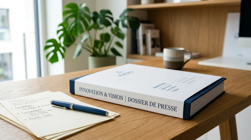 Exemple de dossier de presse professionnel et structuré posé sur un bureau moderne et lumineux.