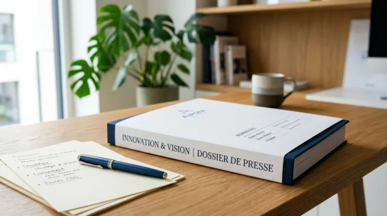 Exemple de dossier de presse professionnel et structuré posé sur un bureau moderne et lumineux.