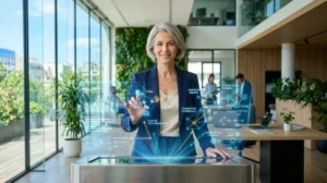 Un leader serein utilisant une interface holographique moderne, illustrant l'évolution du management vers la transition numérique et collaborative.