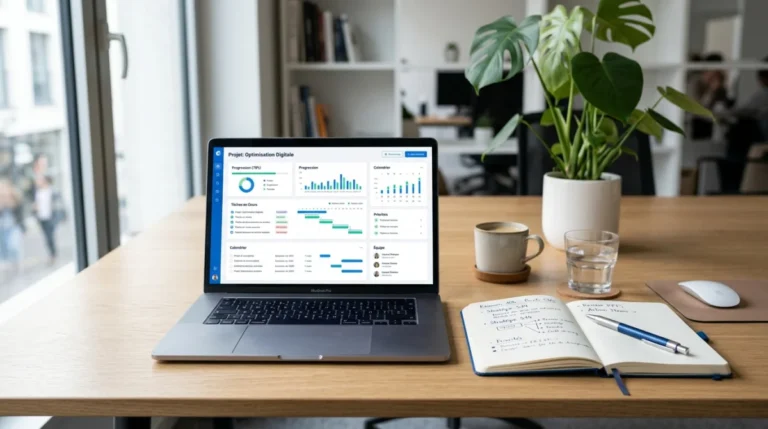 Bureau professionnel moderne avec ordinateur affichant un exemple de plan de communication organisé et carnet de notes.