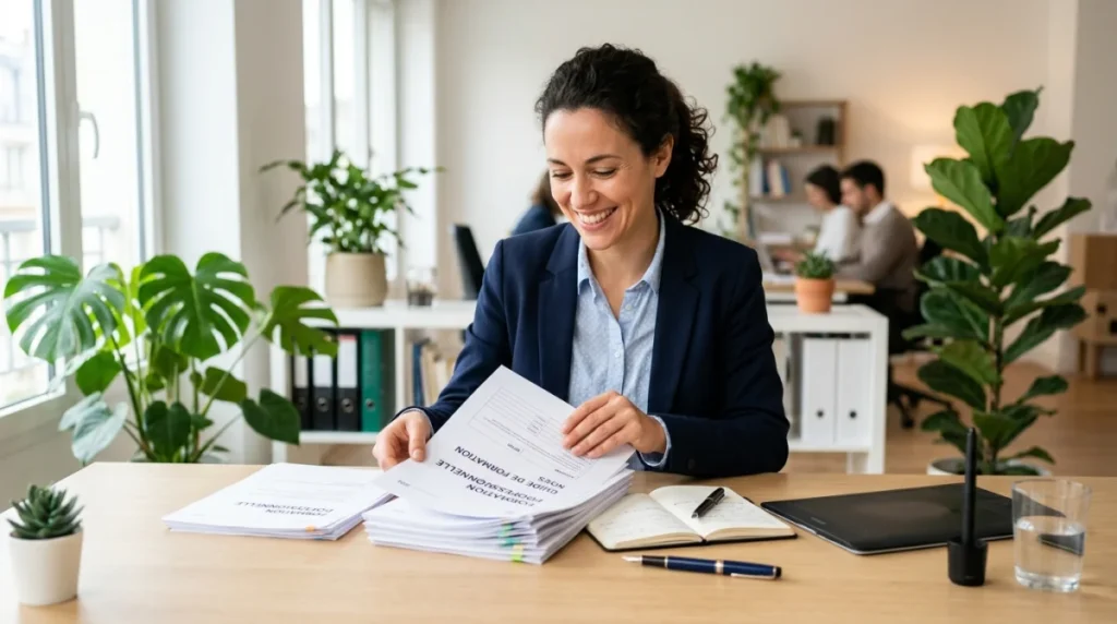 Professionnel souriant organisant des documents sur un bureau moderne pour illustrer un exemple de plan de formation.