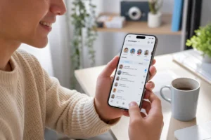 Jeune personne souriante consultant une fausse conversation Instagram sur smartphone dans un bureau moderne et lumineux.