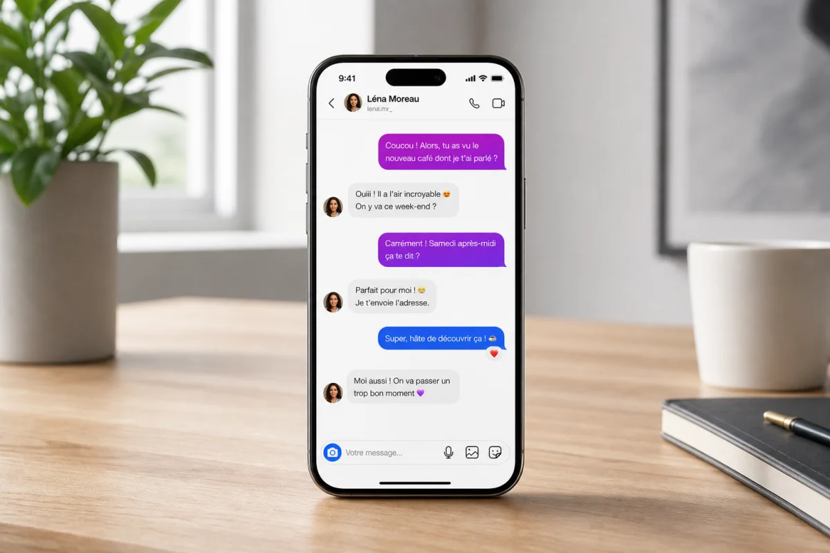 Smartphone posé sur une table en bois affichant une fausse conversation Instagram dans un bureau minimaliste.