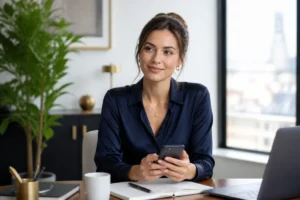 Jeune femme professionnelle souriante tenant un smartphone dans un bureau moderne pour illustrer notre nom de podcast.