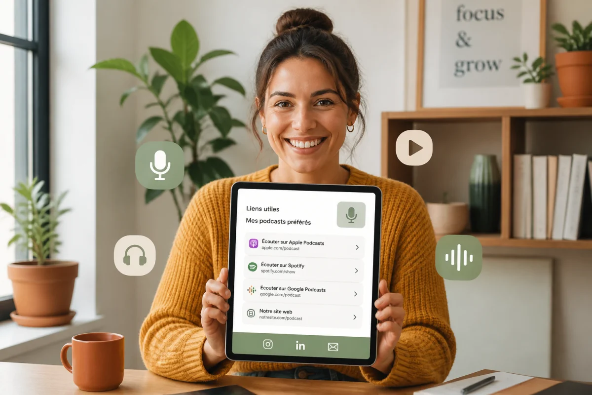 Jeune femme souriante dans un bureau moderne présentant une tablette pour apprendre comment faire connaitre son podcast.