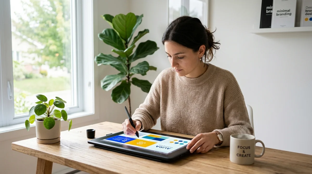 Graphiste travaillant sur une tablette graphique pour un projet de design lors d'une formation Canva professionnelle.