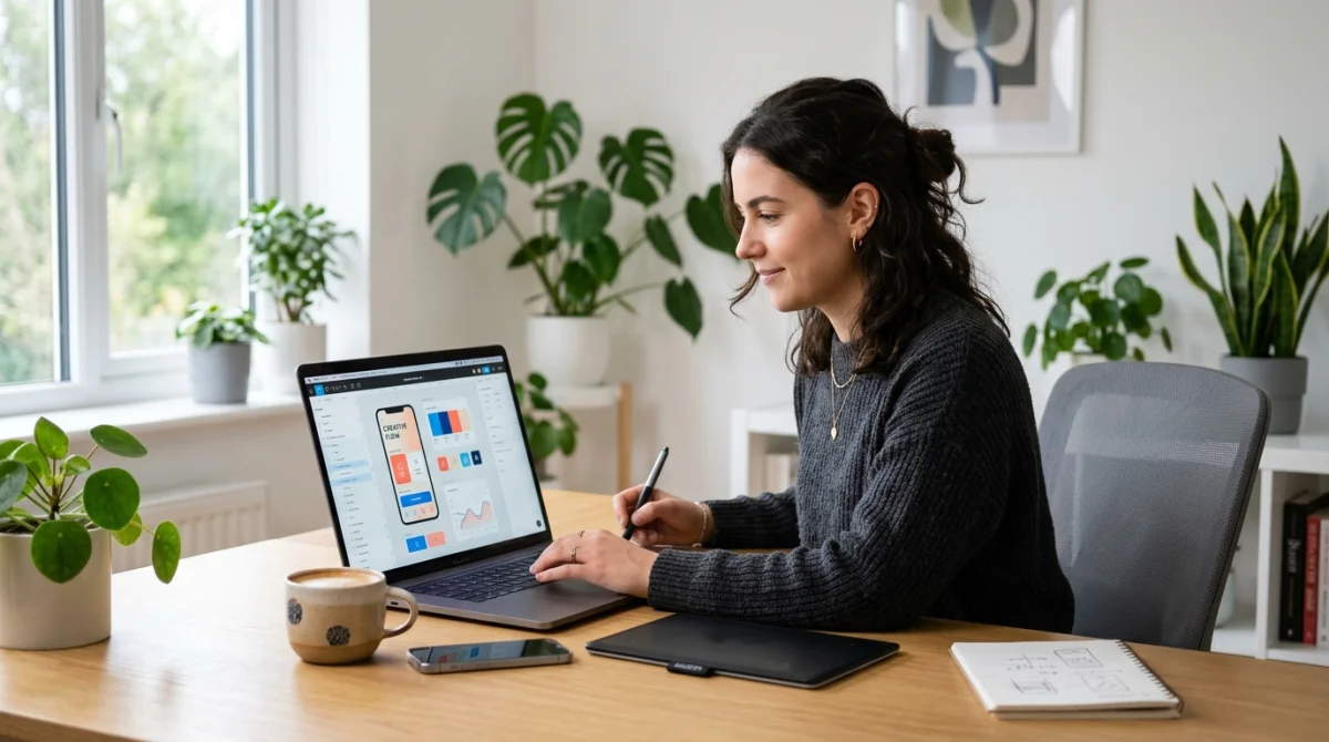 Designer créatif travaillant sur un ordinateur portable pour une formation design Canva sur formezvousrapidement.fr.