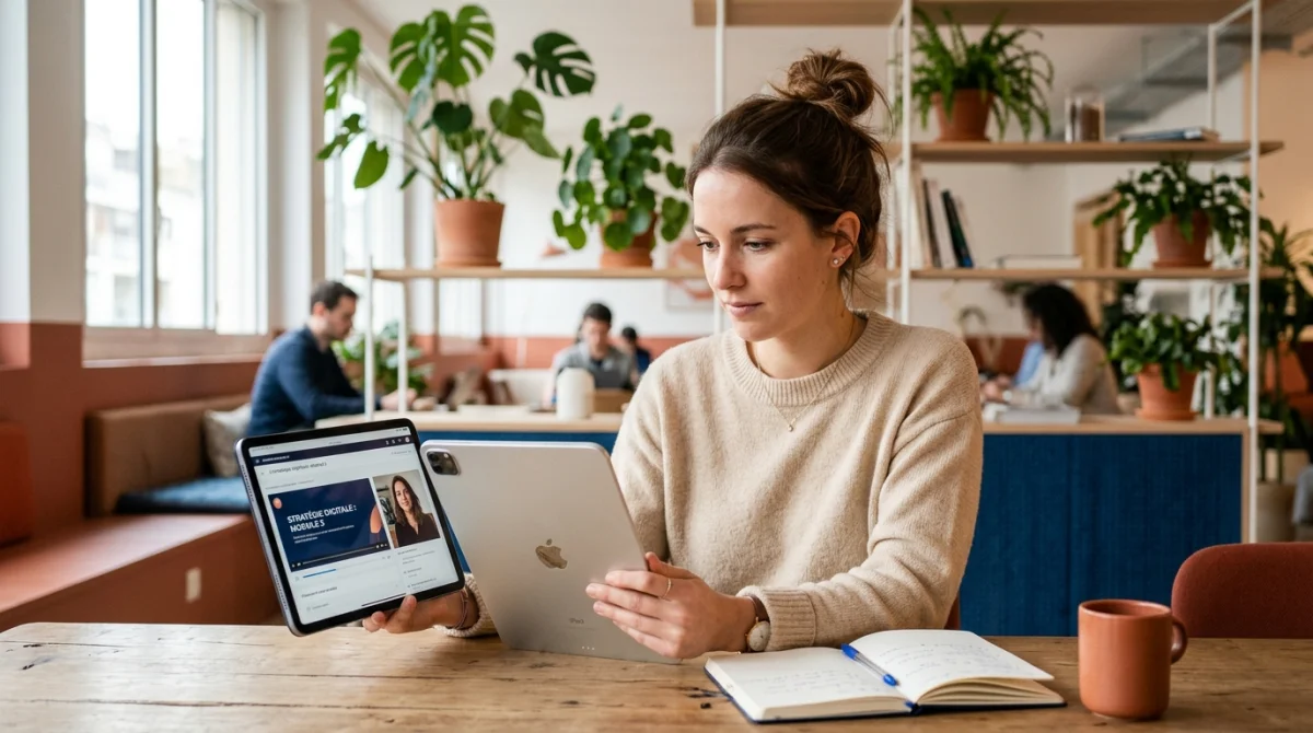 Jeune femme suivant une formation ecommerce gratuite sur tablette dans un espace de travail moderne et lumineux.