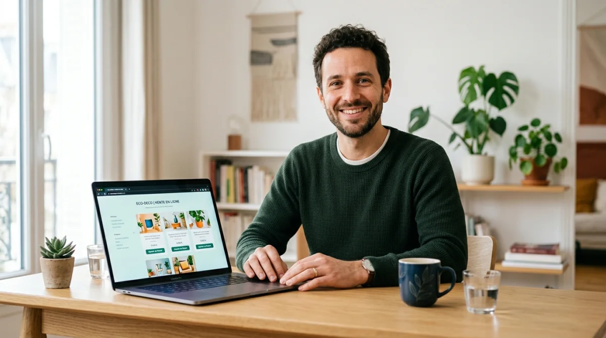 Entrepreneur souriant travaillant sur sa boutique en ligne pour la formation ecommerce gratuite de vite-une-formation.fr.
