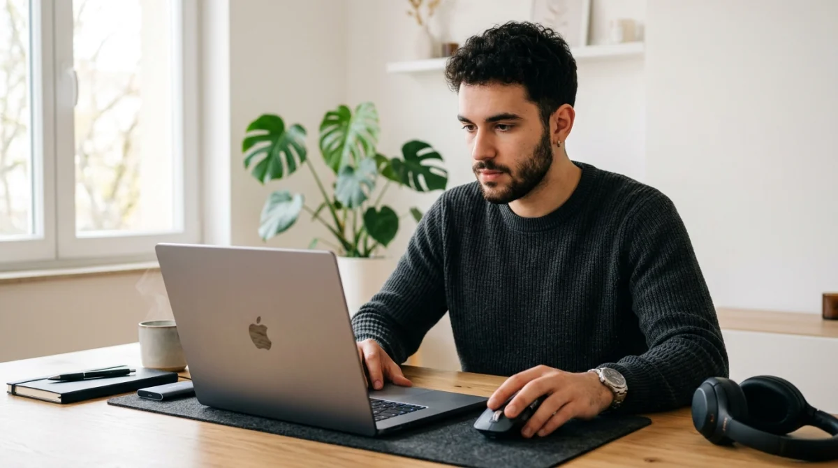 Jeune créateur utilisant un logiciel de montage vidéo sur ordinateur portable pour une formation Filmora professionnelle.