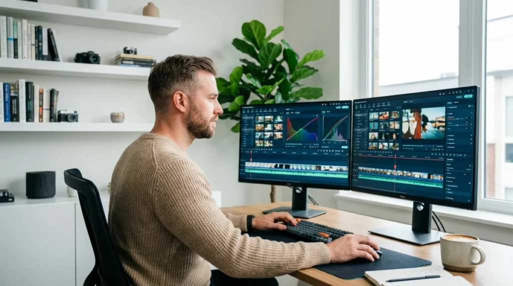 Monteur vidéo professionnel utilisant l'interface de montage Filmora sur un bureau moderne et lumineux.