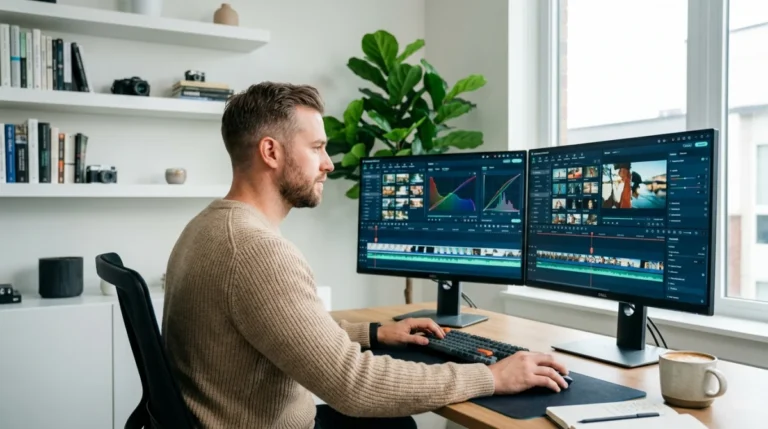 Monteur vidéo professionnel utilisant l'interface de montage Filmora sur un bureau moderne et lumineux.