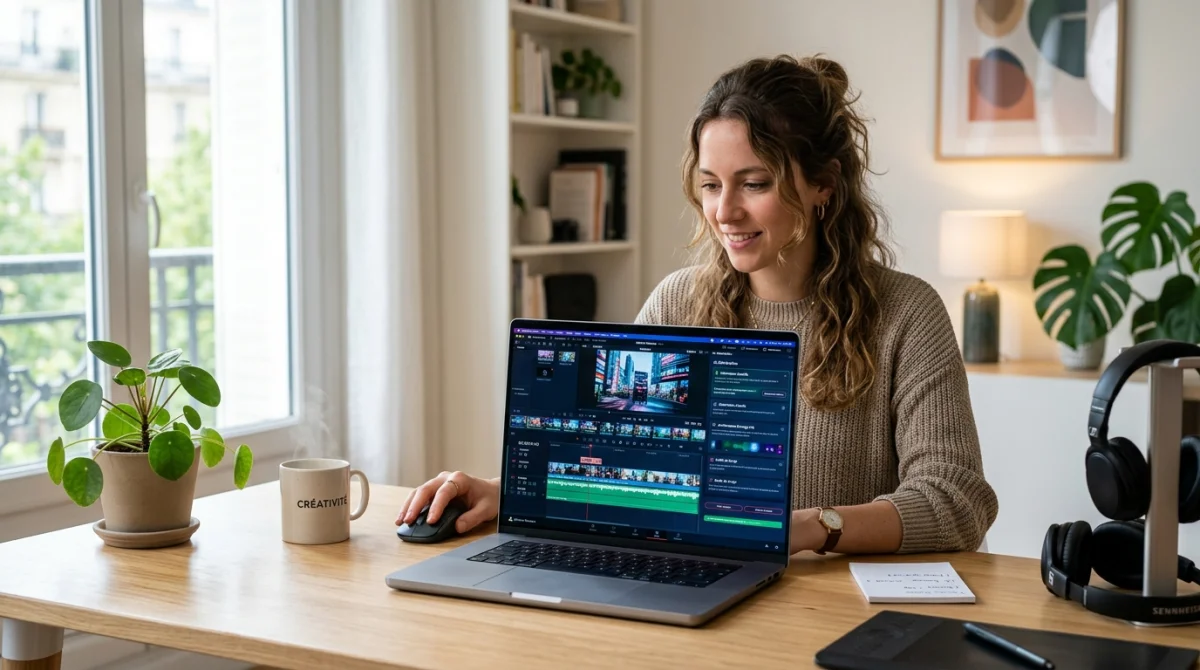 Créatif utilisant une interface de montage vidéo par IA sur ordinateur dans un bureau moderne et lumineux.