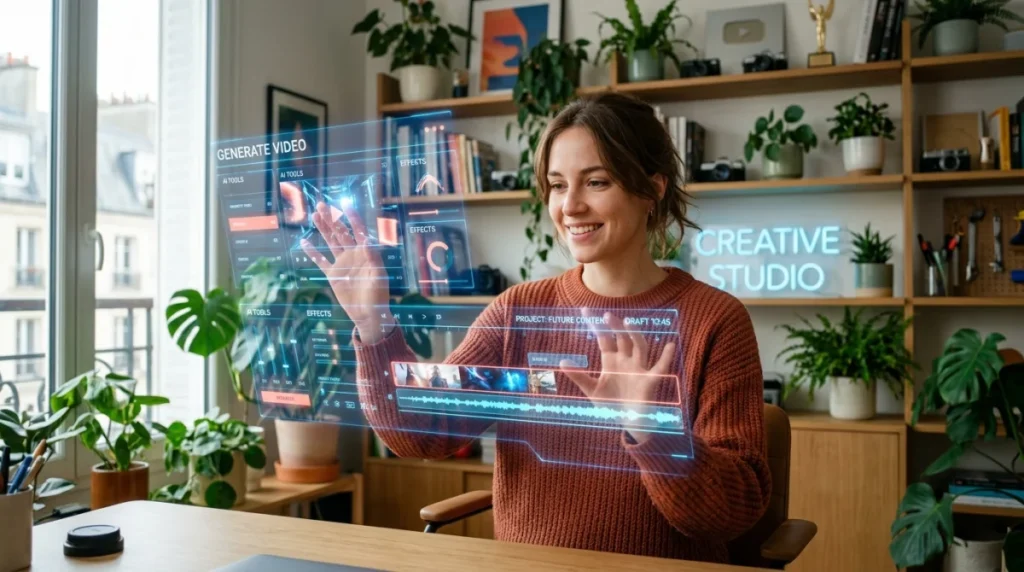 Créatrice de contenu utilisant une interface holographique pour une formation Runway sur choisir-formation.com dans un studio moderne.