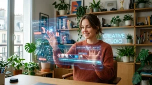 Créatrice de contenu utilisant une interface holographique pour une formation Runway sur choisir-formation.com dans un studio moderne.