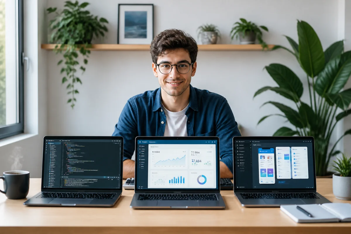 Jeune informaticien souriant travaillant sur trois ordinateurs portables dans un bureau moderne et lumineux pour illustrer une blague.