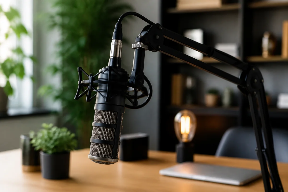 Microphone de studio professionnel sur bras articulé pour un équipement et matériel pour podcast de qualité.