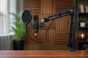 Bras articulé de microphone professionnel avec filtre anti-pop dans un studio moderne pour votre matériel pour podcast.