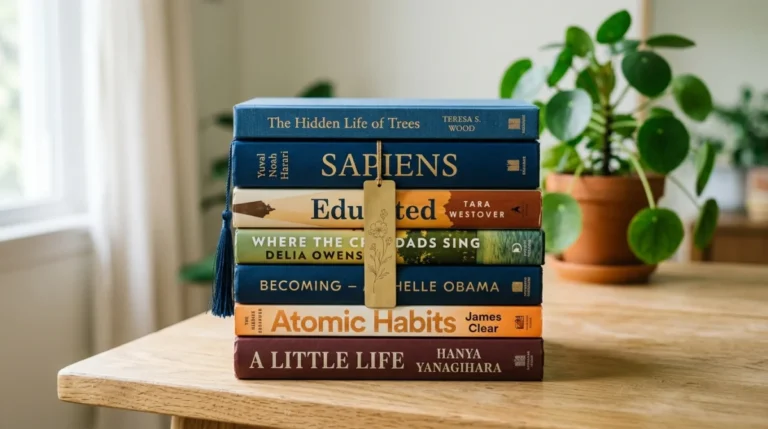 Pile de livres sur la communication posée sur une table en bois dans un bureau lumineux et minimaliste.