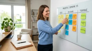 Personne souriante organisant des notes sur un tableau blanc pour illustrer la méthode KISS de manière efficace.