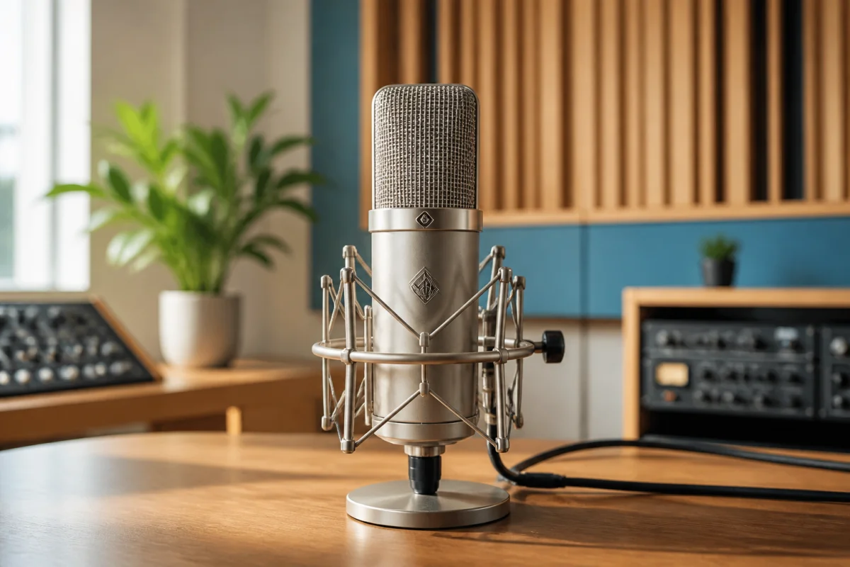 Microphone de studio professionnel sur une table en bois pour l'enregistrement de votre nom de podcast.
