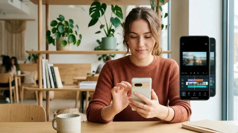 Jeune femme travaillant sur son smartphone pour monter une vidéo, illustrant comment partager un Reel Instagram sur TikTok.