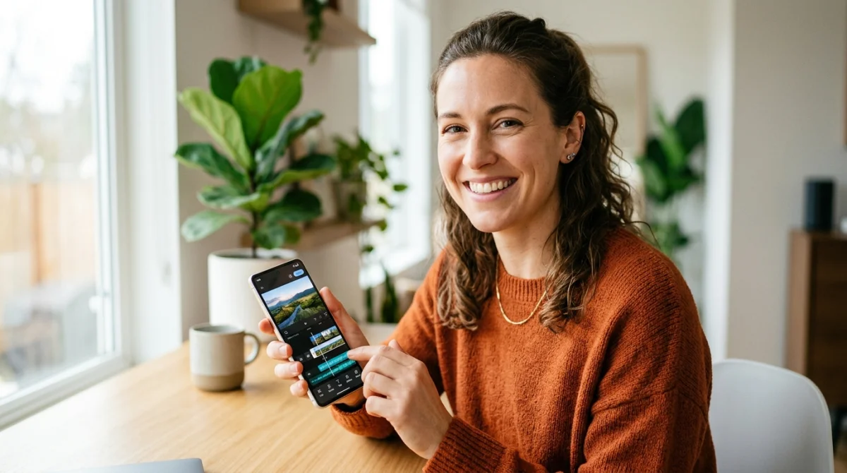 Personne souriante éditant une vidéo sur smartphone pour partager un reel Instagram sur TikTok dans un bureau.