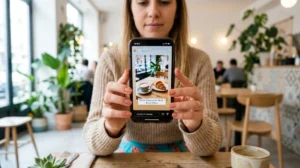 Jeune femme capturant une story Instagram sur son smartphone dans un café lumineux pour partager sans être identifiée.