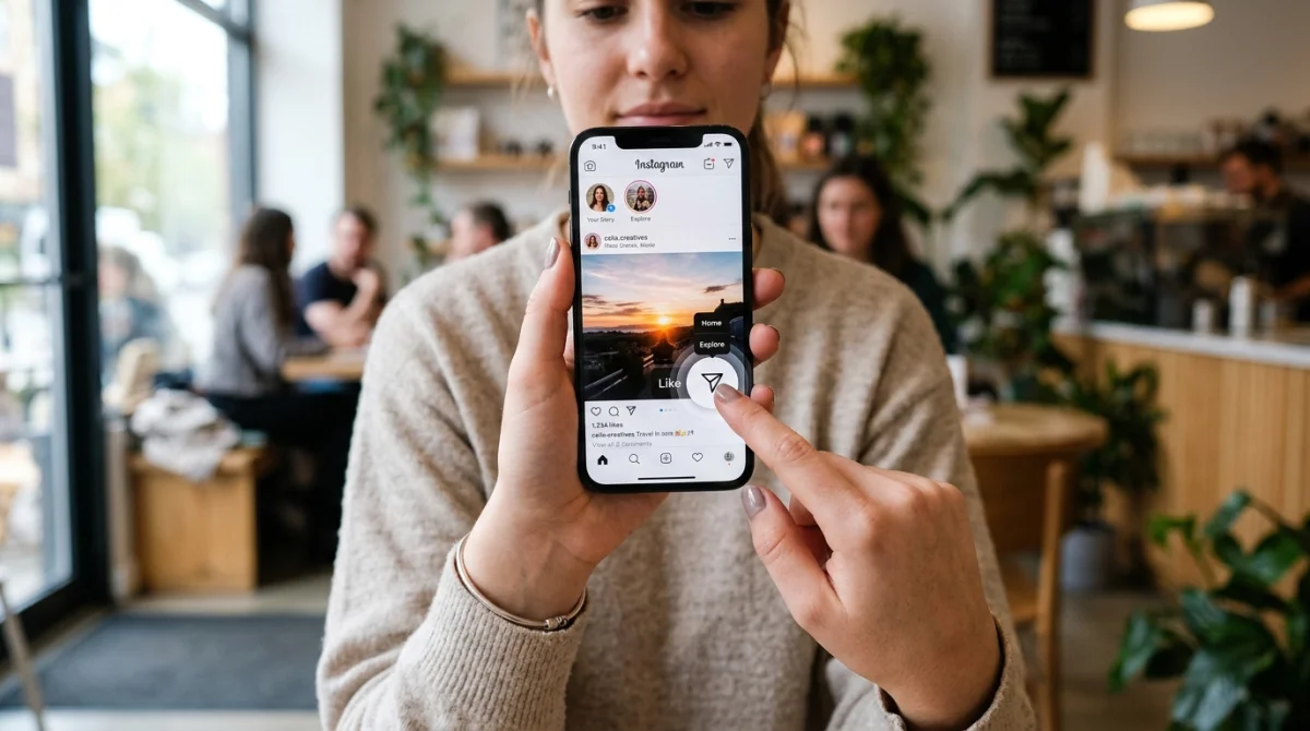 Mains tenant un smartphone affichant l'interface Instagram pour partager une story sans être identifié dans un café.
