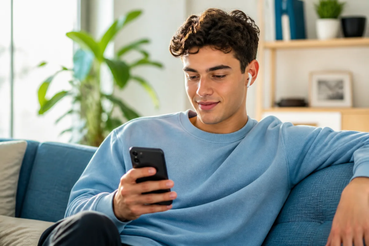 Jeune personne détendue écoutant un podcast sur son smartphone avec des écouteurs sans fil dans un salon lumineux.