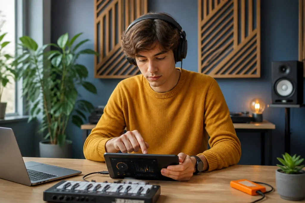 Jeune créateur utilisant une tablette dans un studio professionnel pour choisir sa musique pour podcast.