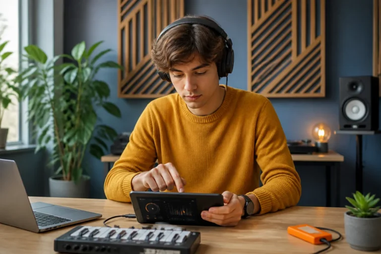 Jeune créateur utilisant une tablette dans un studio professionnel pour choisir sa musique pour podcast.