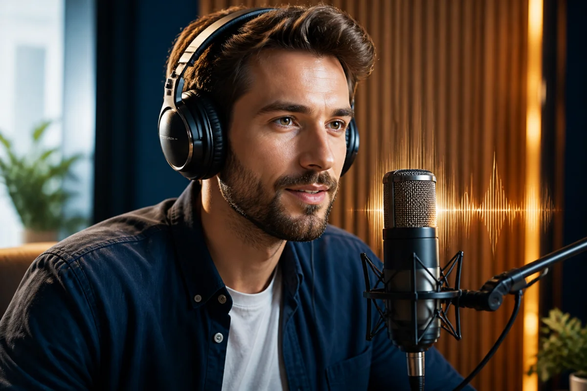 Podcasteur professionnel utilisant un micro de studio et un casque audio dans un environnement acoustique moderne.